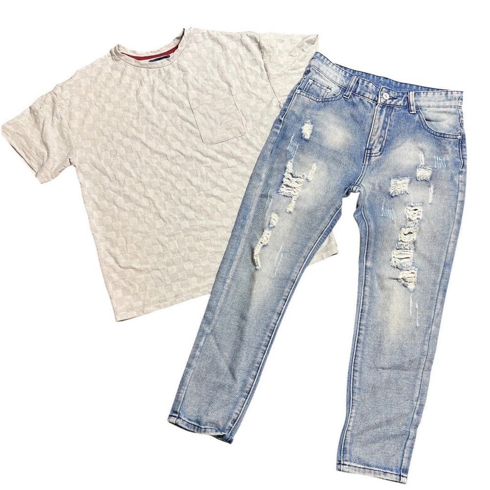Univibe Shirt and Jeans Set Boys Size 12 Gray Blue Distressed Checkerboard 2pc
